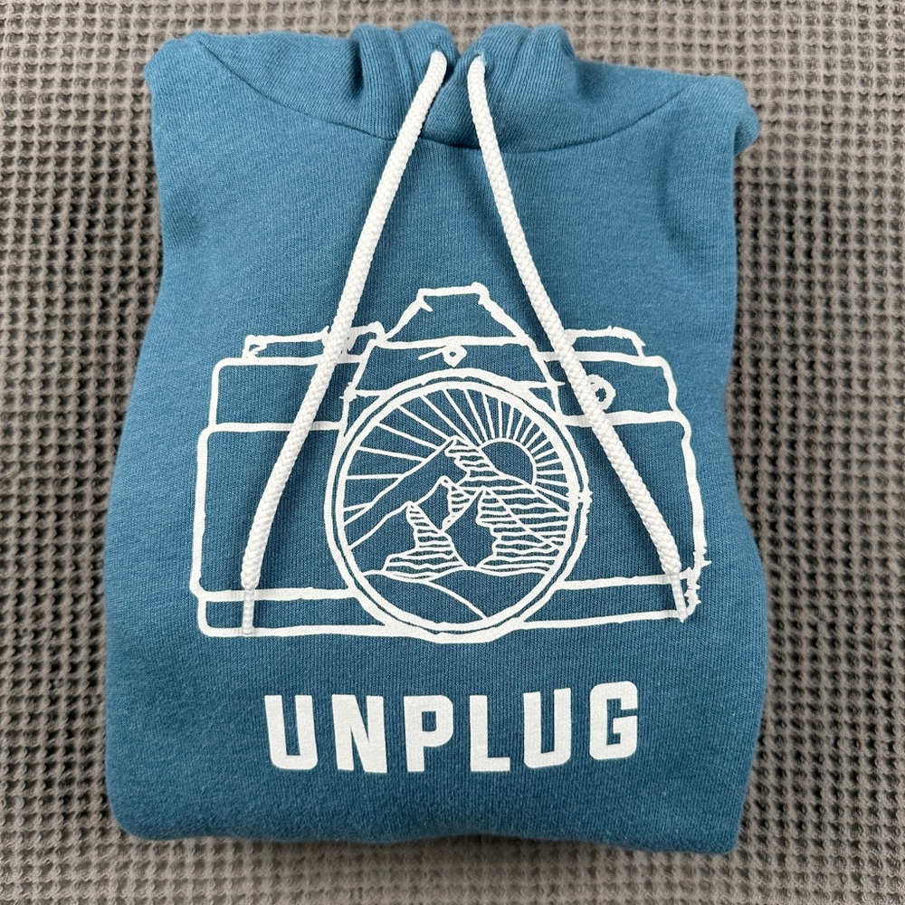 Unisex XL deep heather teal hoodie Unplug with Camera design EUC
